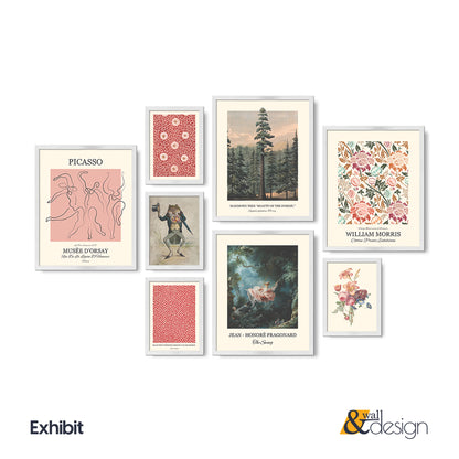 Eclectic Gallery Wall Art Set of 8 — Picasso, William Morris & Vintage Botanical Prints, Wood Framed