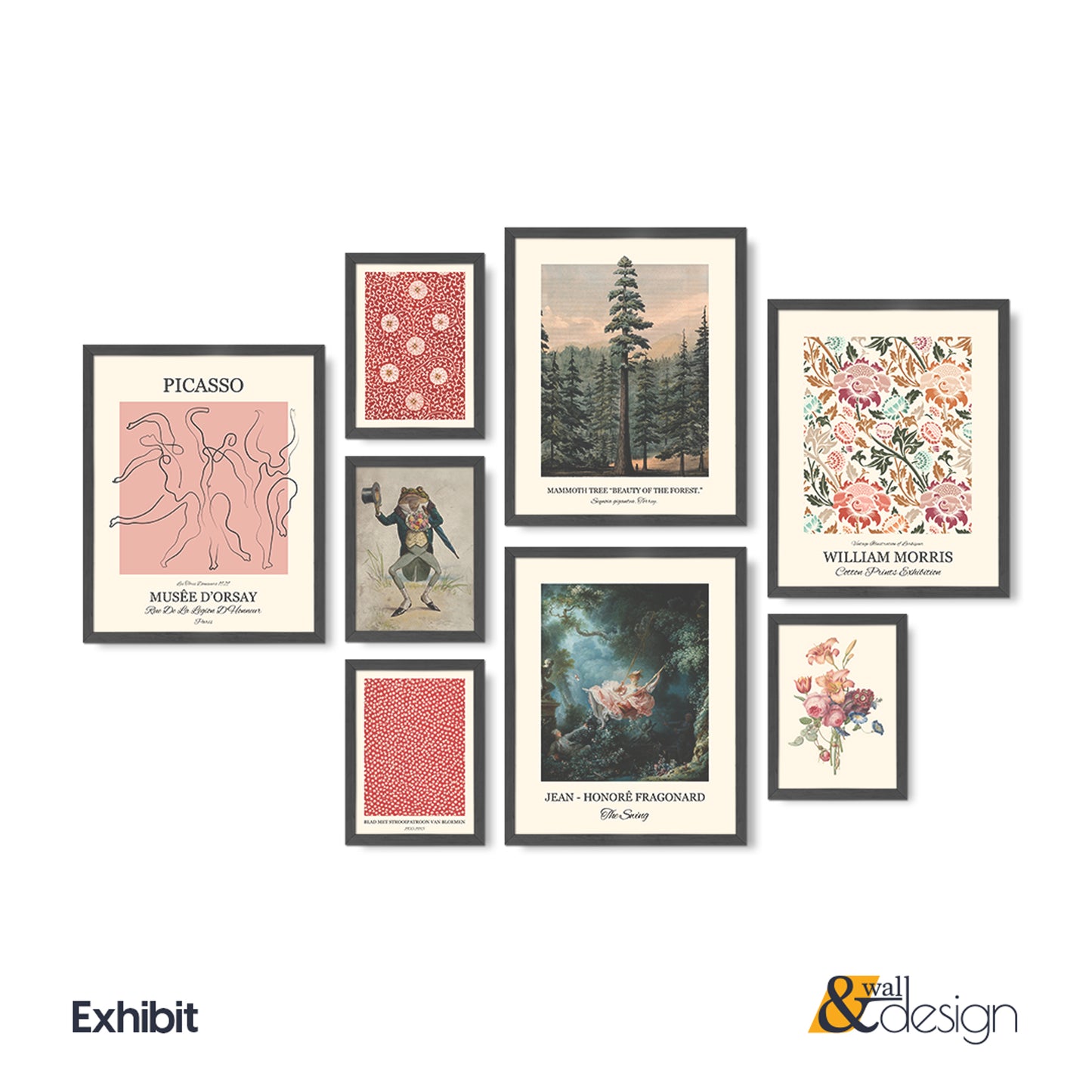 Eclectic Gallery Wall Art Set of 8 — Picasso, William Morris & Vintage Botanical Prints, Wood Framed