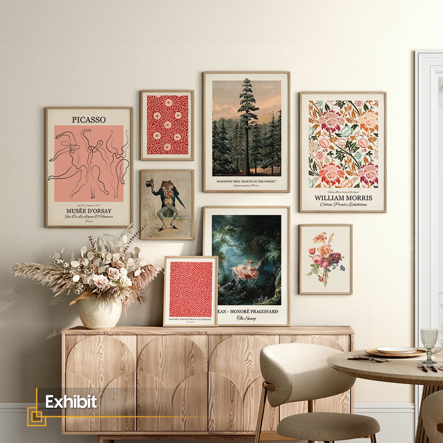 Eclectic Gallery Wall Art Set of 8 — Picasso, William Morris & Vintage Botanical Prints, Wood Framed