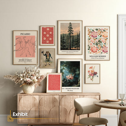 Eclectic Gallery Wall Art Set of 8 — Picasso, William Morris & Vintage Botanical Prints, Wood Framed