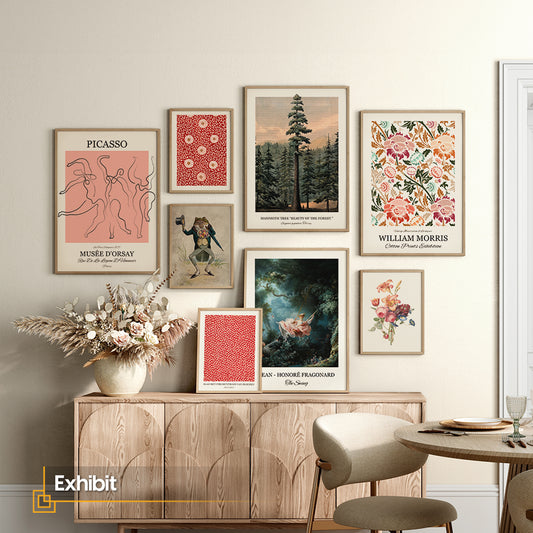 Eclectic Gallery Wall Art Set of 8 — Picasso, William Morris & Vintage Botanical Prints, Wood Framed