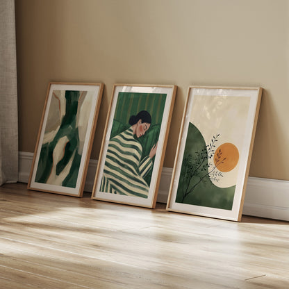 Green Wall Art Set of 3 | Abstract Painting, Woman Portrait & Sun Print, Wood Framed Prints