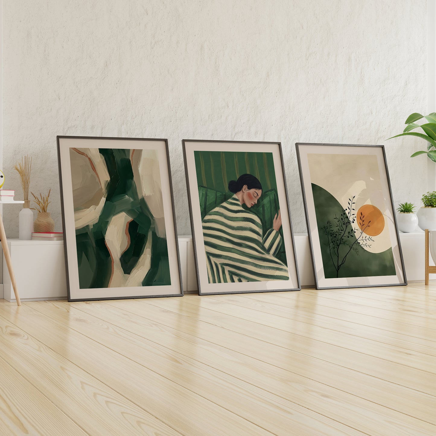 Green Wall Art Set of 3 | Abstract Painting, Woman Portrait & Sun Print, Wood Framed Prints