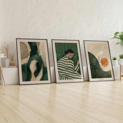 Green Wall Art Set of 3 | Abstract Painting, Woman Portrait & Sun Print, Wood Framed Prints