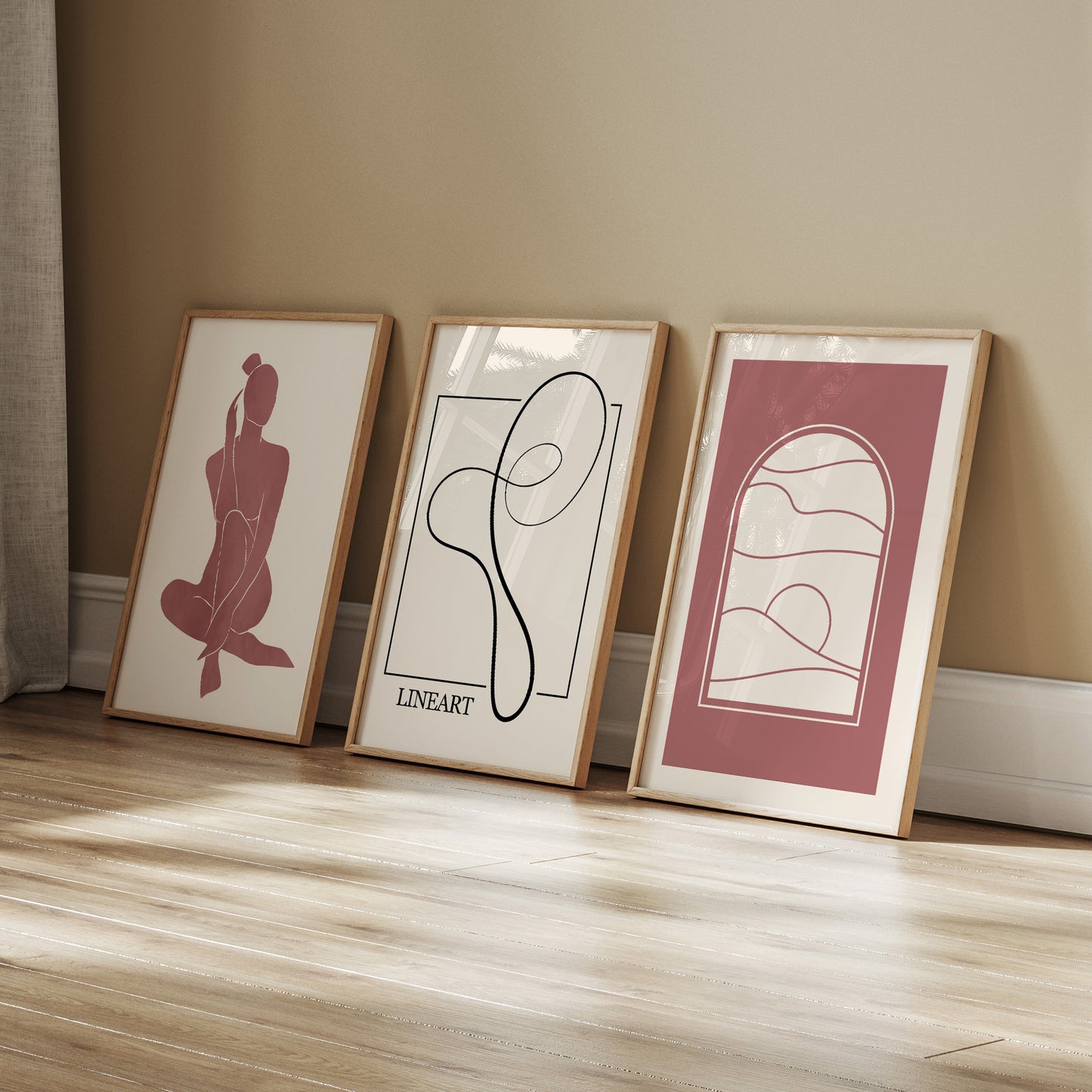 Dusty Rose Abstract Line Art Wall Art Set of 3 – Framed Prints