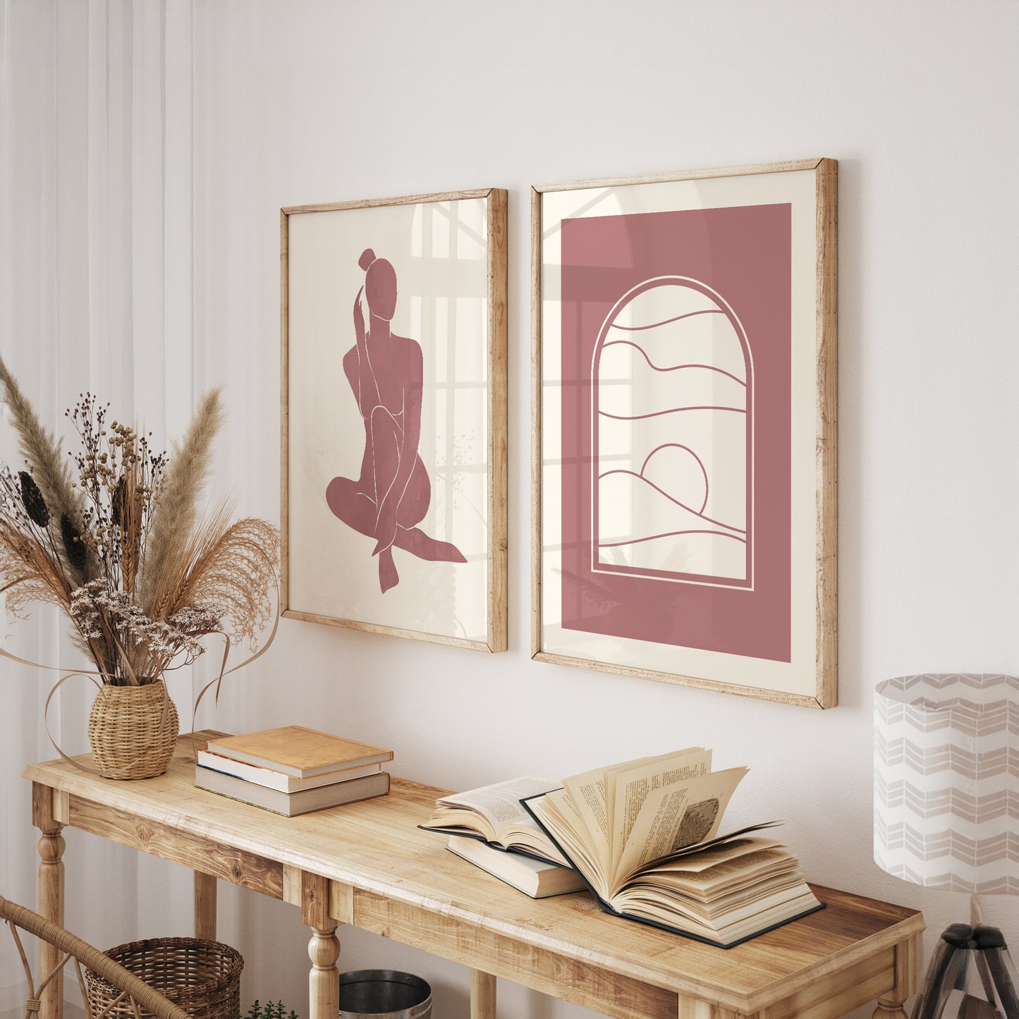 Dusty Rose Abstract Line Art Wall Art Set of 3 – Framed Prints