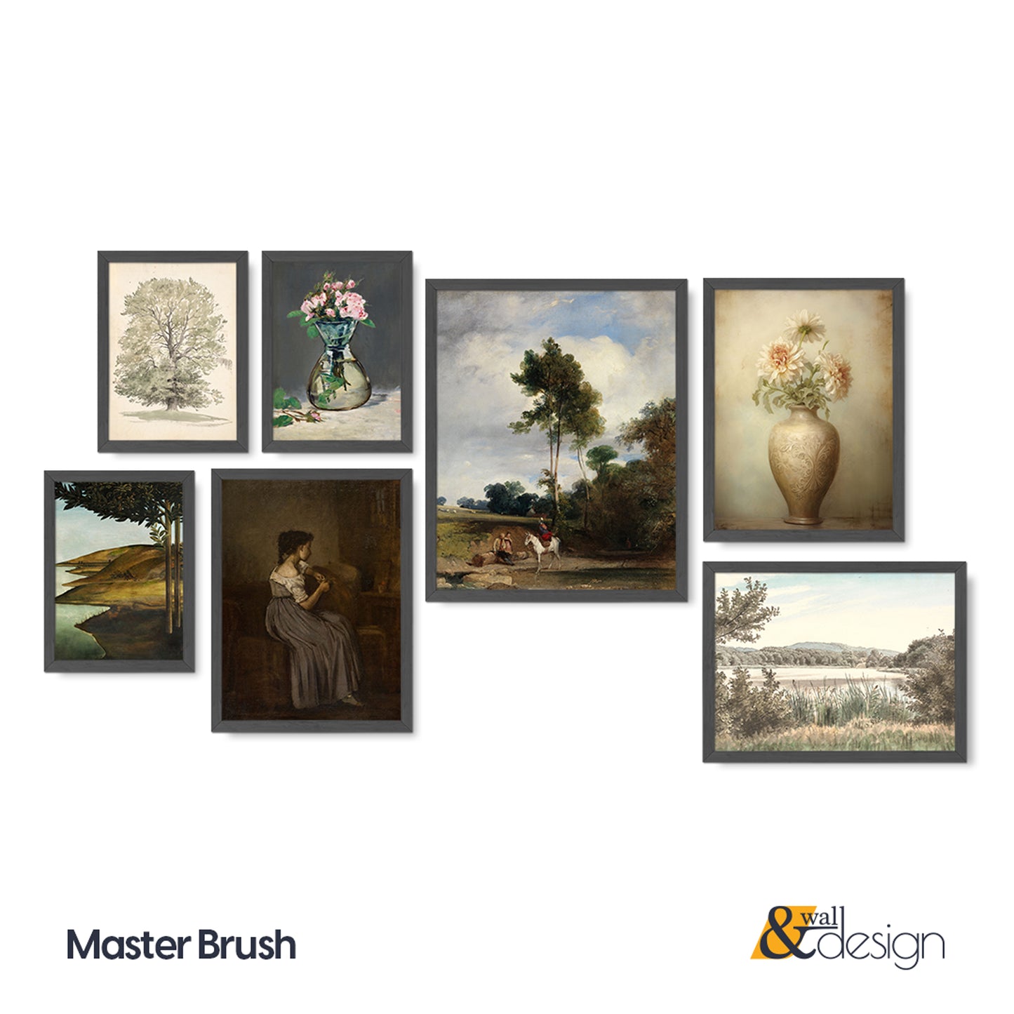 Master Brush - Vintage Gallery Wall Artwork Set FRAMED Set of 7 Pieces