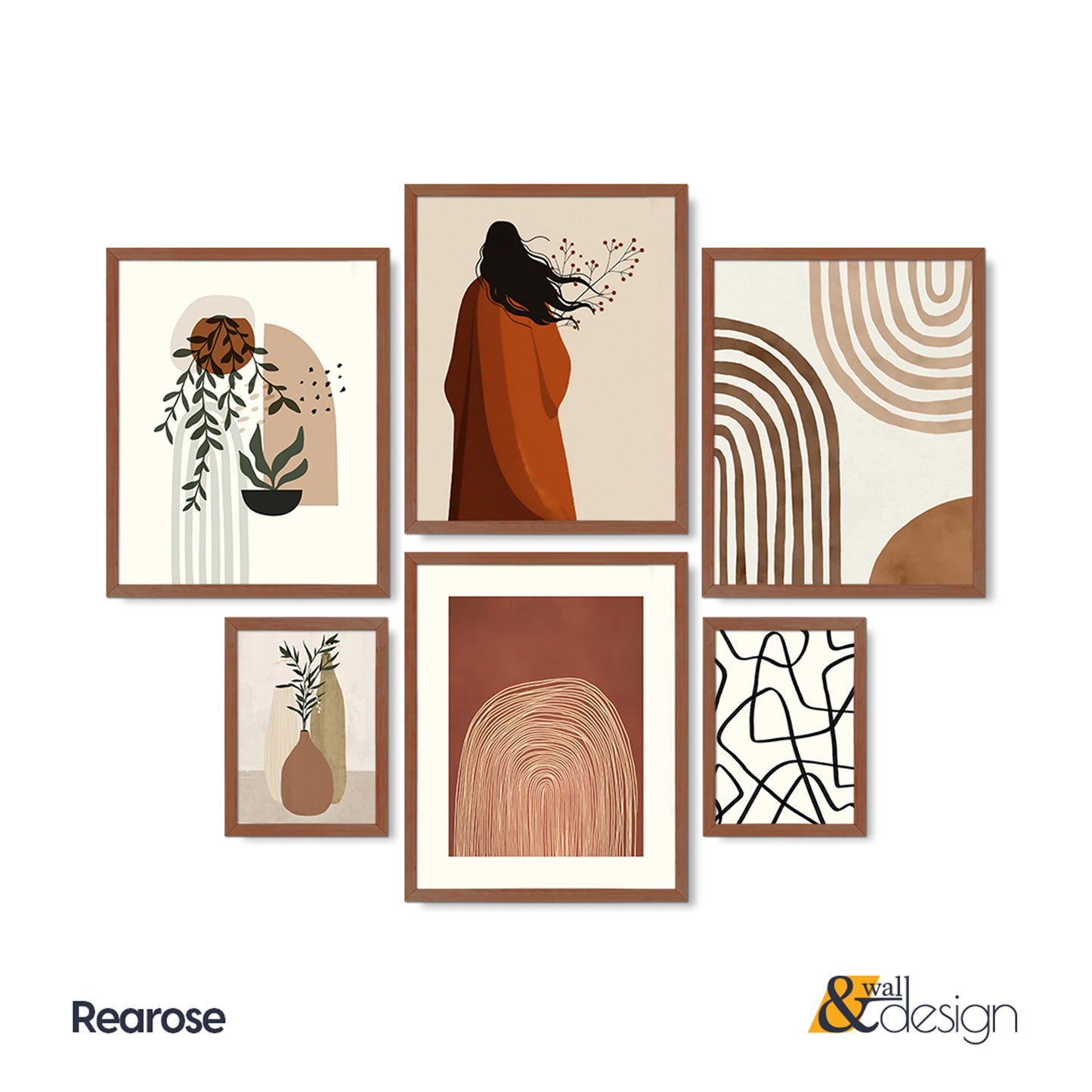 6 Pieces Boho Gallery Wall Set - Abstract, Botanical, and Figurative Wall Art Collection | Rearose