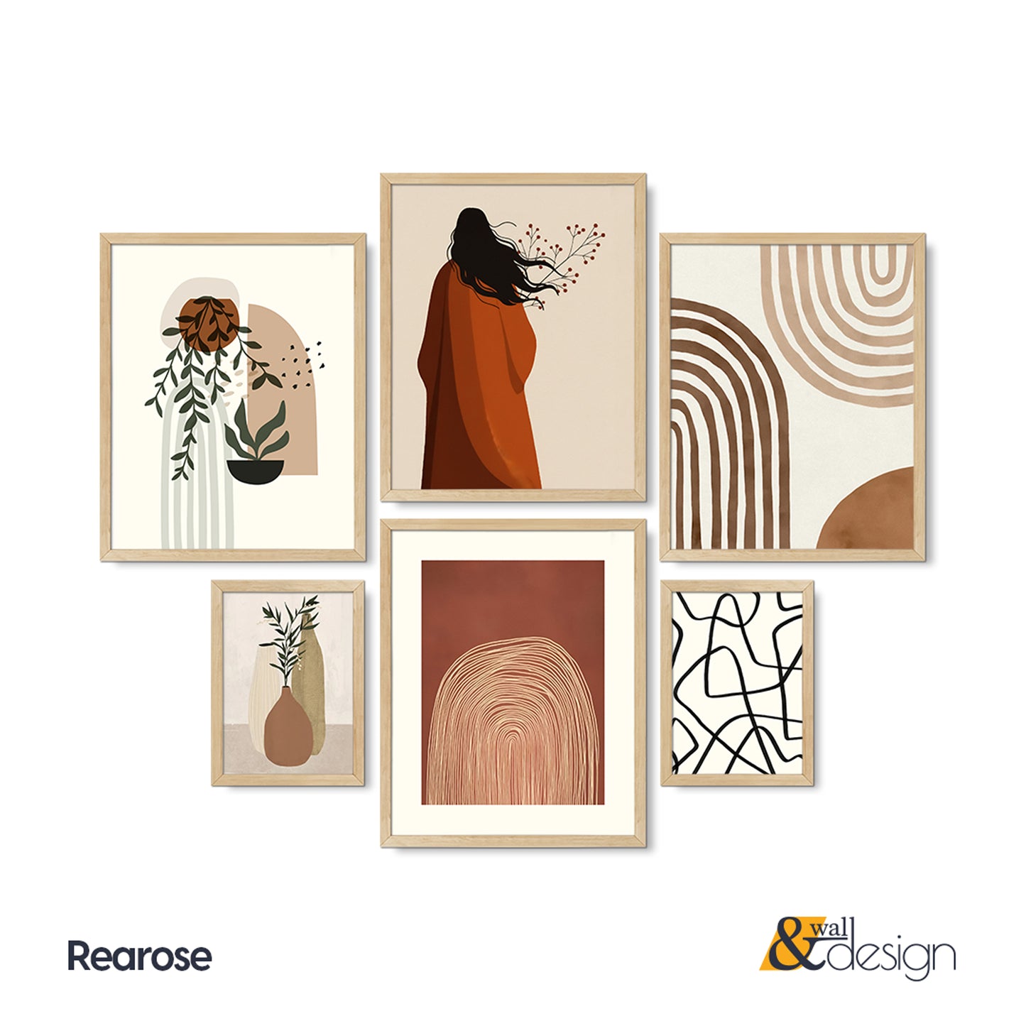 6 Pieces Boho Gallery Wall Set - Abstract, Botanical, and Figurative Wall Art Collection | Rearose