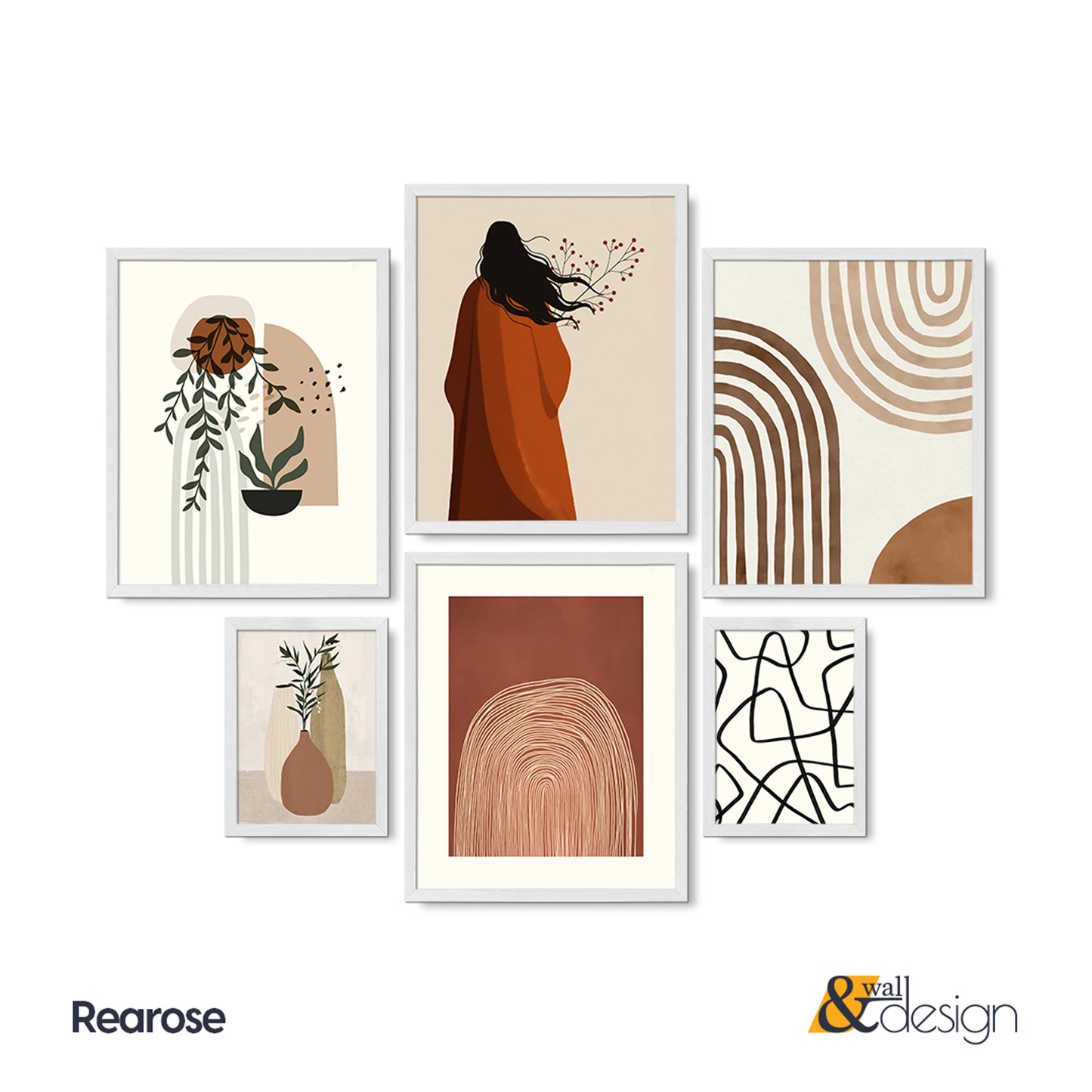 6 Pieces Boho Gallery Wall Set - Abstract, Botanical, and Figurative Wall Art Collection | Rearose