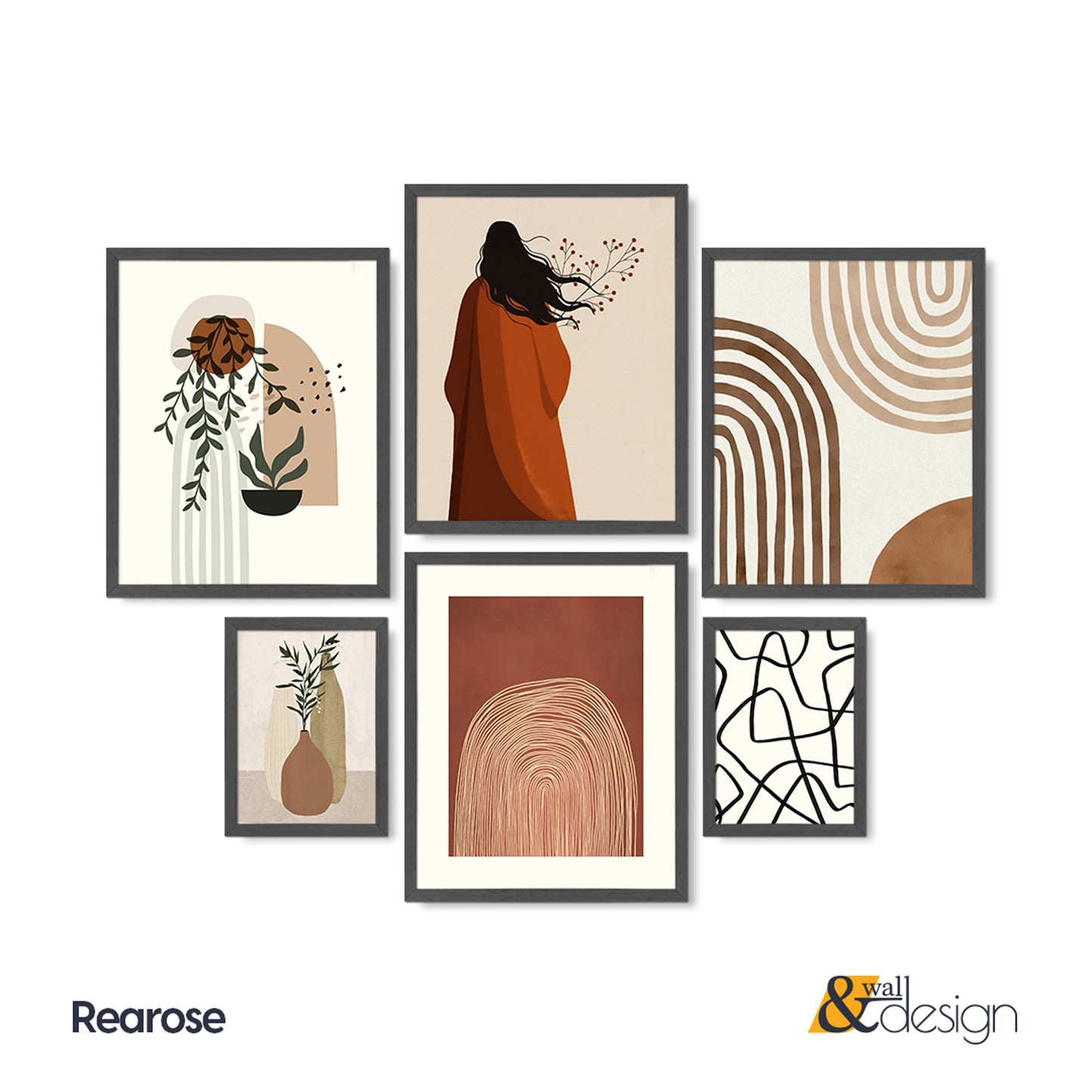 6 Pieces Boho Gallery Wall Set - Abstract, Botanical, and Figurative Wall Art Collection | Rearose
