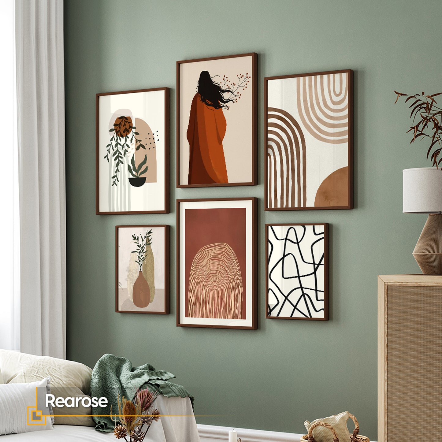 6 Pieces Boho Gallery Wall Set - Abstract, Botanical, and Figurative Wall Art Collection | Rearose