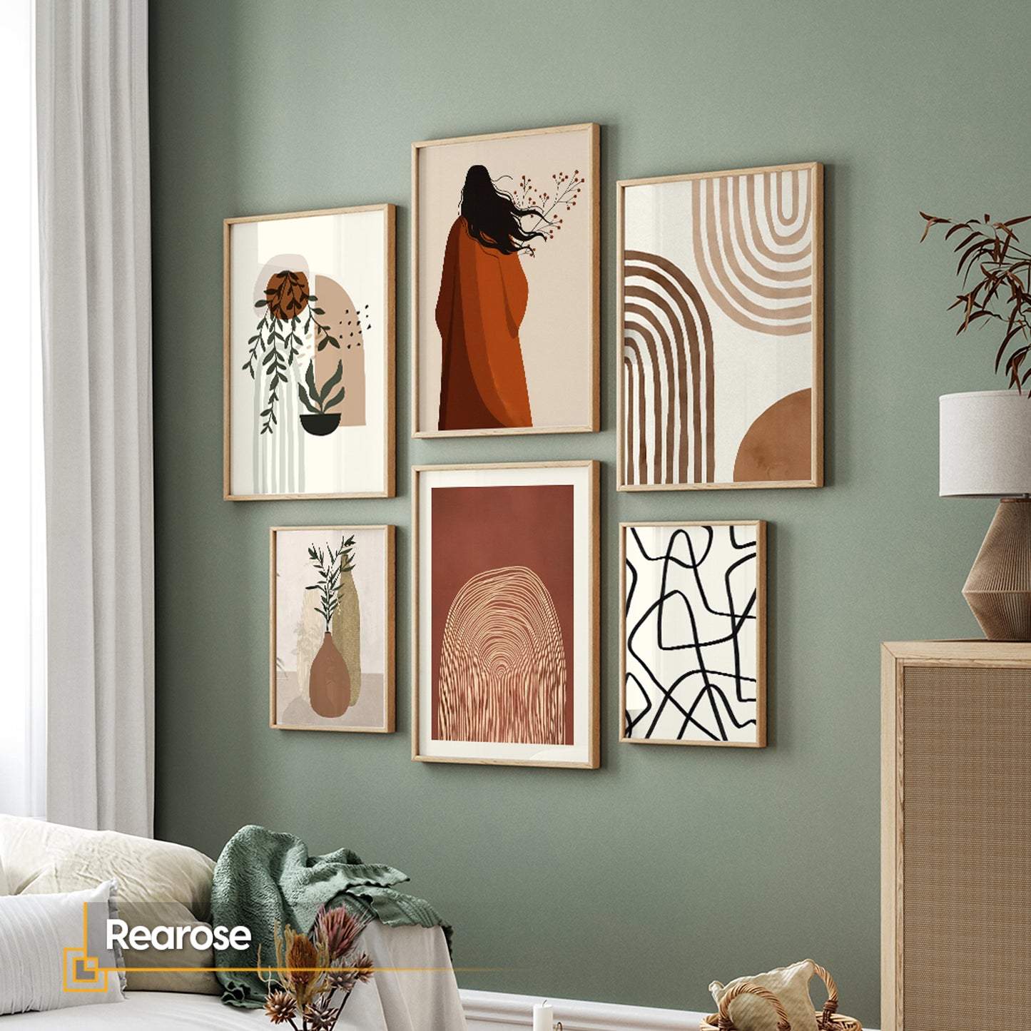 6 Pieces Boho Gallery Wall Set - Abstract, Botanical, and Figurative Wall Art Collection | Rearose