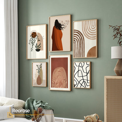 6 Pieces Boho Gallery Wall Set - Abstract, Botanical, and Figurative Wall Art Collection | Rearose
