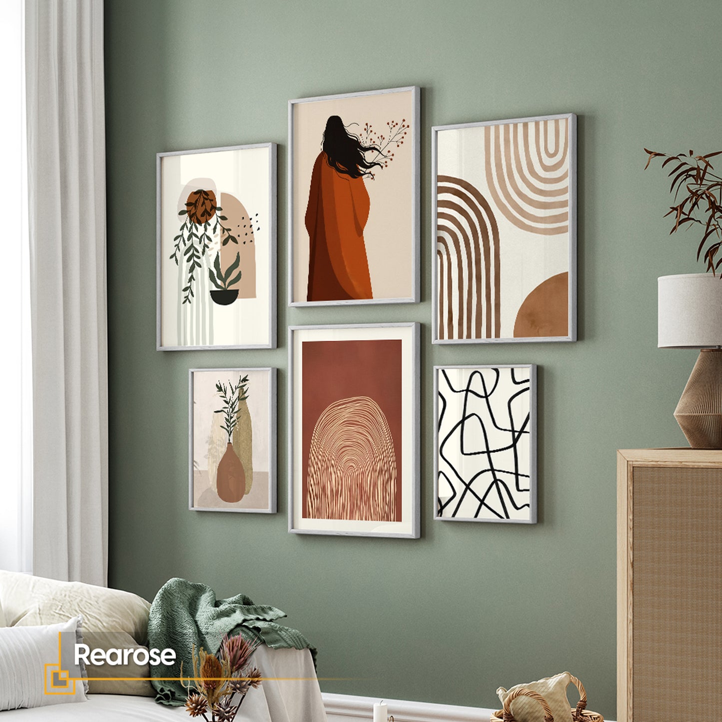 6 Pieces Boho Gallery Wall Set - Abstract, Botanical, and Figurative Wall Art Collection | Rearose