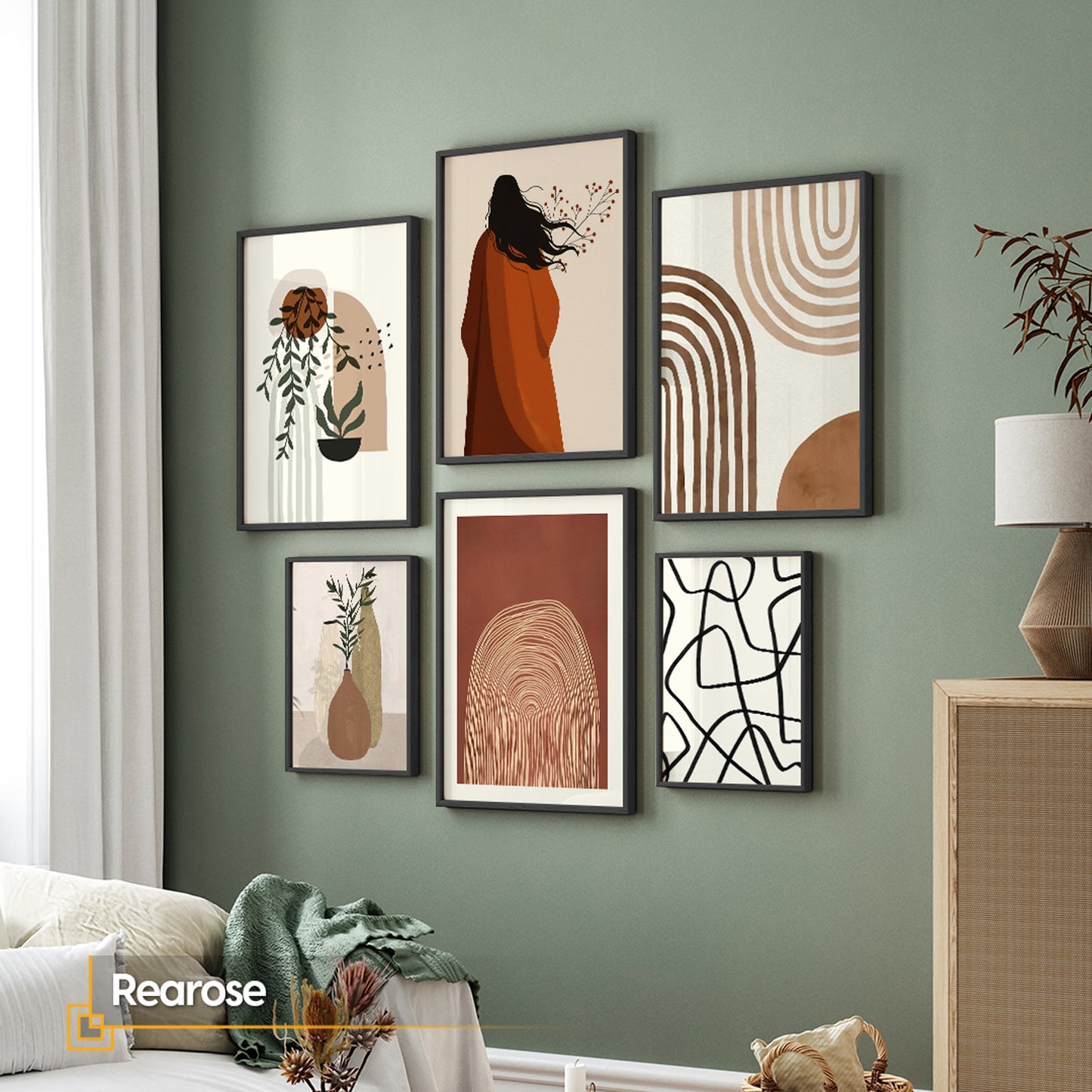 6 Pieces Boho Gallery Wall Set - Abstract, Botanical, and Figurative Wall Art Collection | Rearose