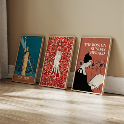Vintage Travel Poster Set of 3, Framed Wall Art – New York, Art Nouveau & Boston Herald Prints