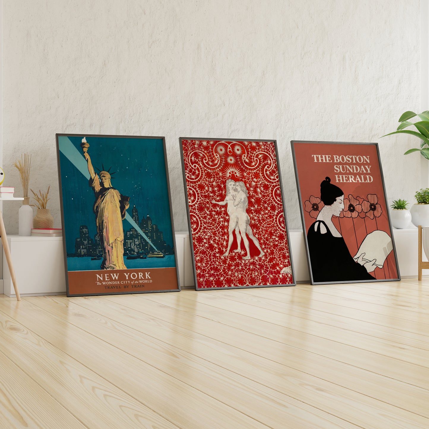 Vintage Travel Poster Set of 3, Framed Wall Art – New York, Art Nouveau & Boston Herald Prints