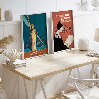 Vintage Travel Poster Set of 3, Framed Wall Art – New York, Art Nouveau & Boston Herald Prints