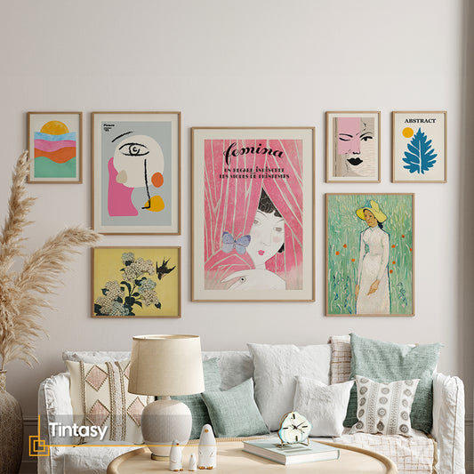 Eclectic Framed Wall Art Set | Vintage & Abstract Gallery Wall Decor for Living Room