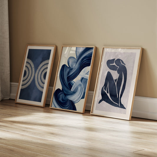 Navy Blue Abstract Wall Art Set of 3, Framed Boho & Matisse-Style Prints for Living Room