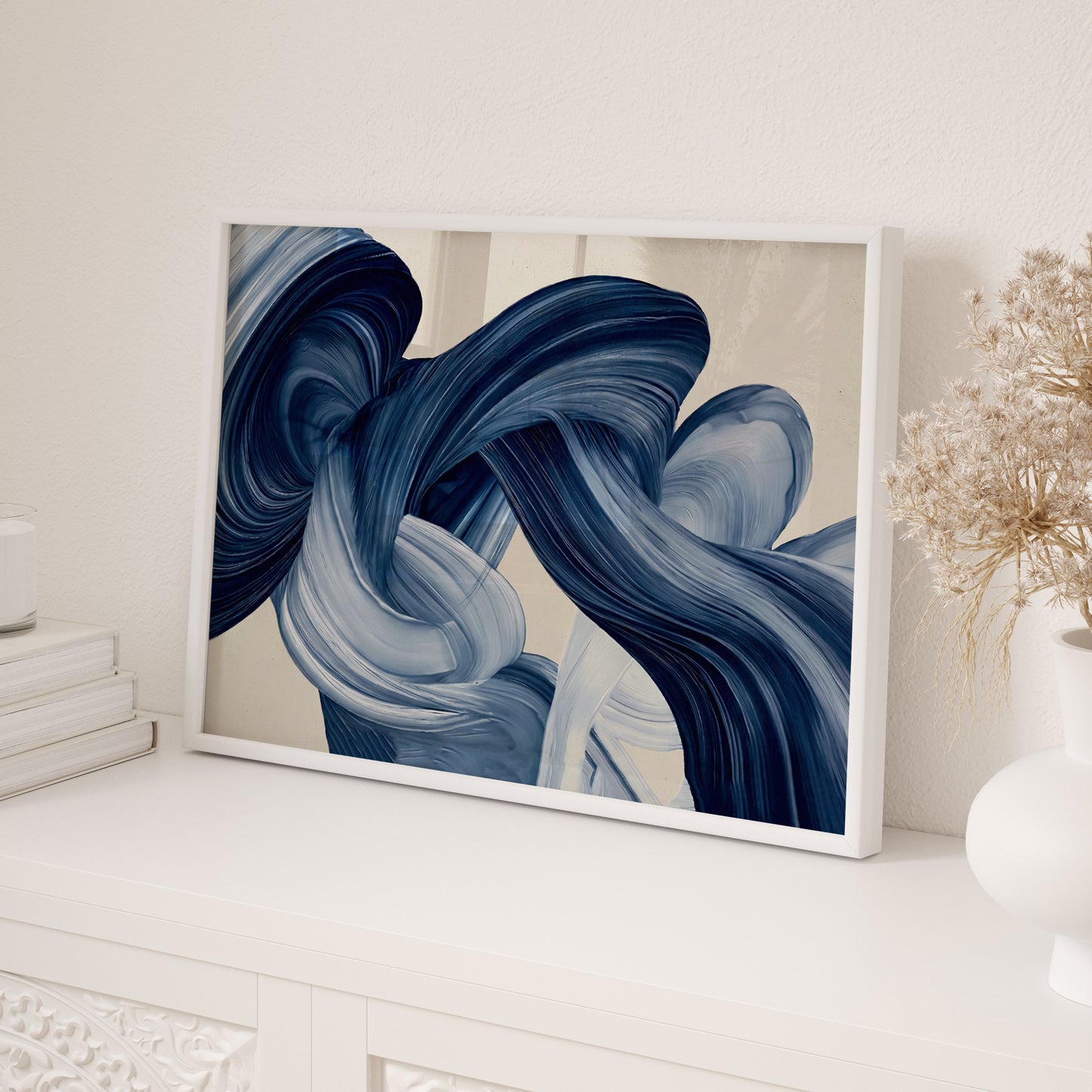 Navy Blue Abstract Wall Art Set of 3, Framed Boho & Matisse-Style Prints for Living Room