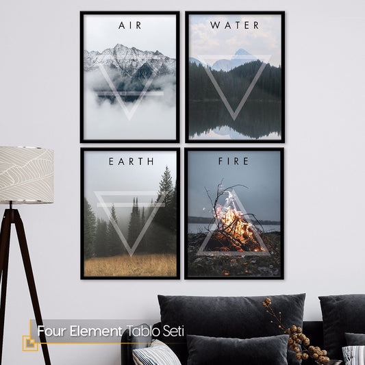 Four Elements Wall Art FRAMED Nature Art Set of 4 Mountains Framed Prints. Framed Wall Art Poster Set. Trees and Mountains Poster Set