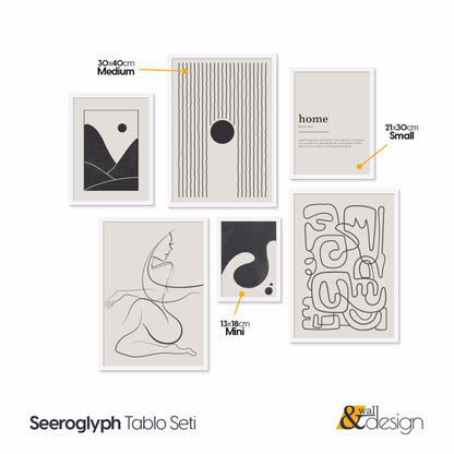 Seeroglyph - 6 Pieces Mid-Century Wall Art Set Wooden FRAMED