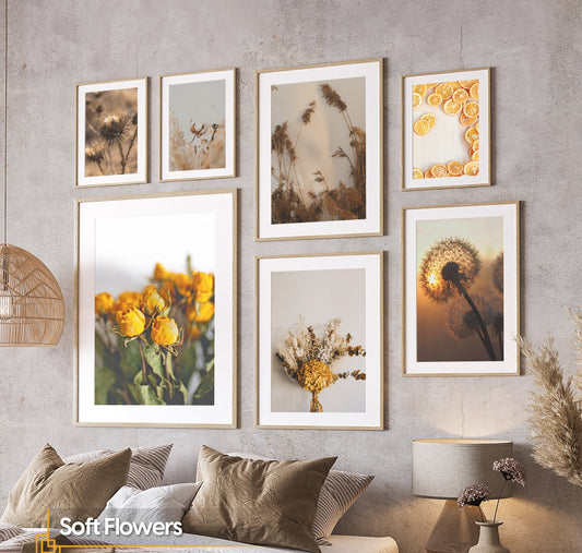 Boho Gallery Wall Set of 7 FRAMED Floral Poster Set Framed Yellow Flower Framed Print Dried Flowers Wall Decor Frame Set Brown Wall Art