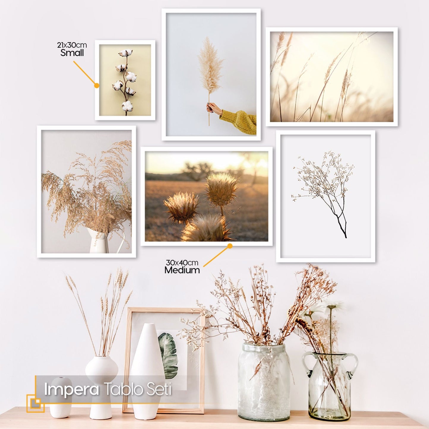 FRAMED boho decor Gallery wall set Floral wall art Boho gallery wall set framed Pampas grass Dried flower print, Landscape wall art