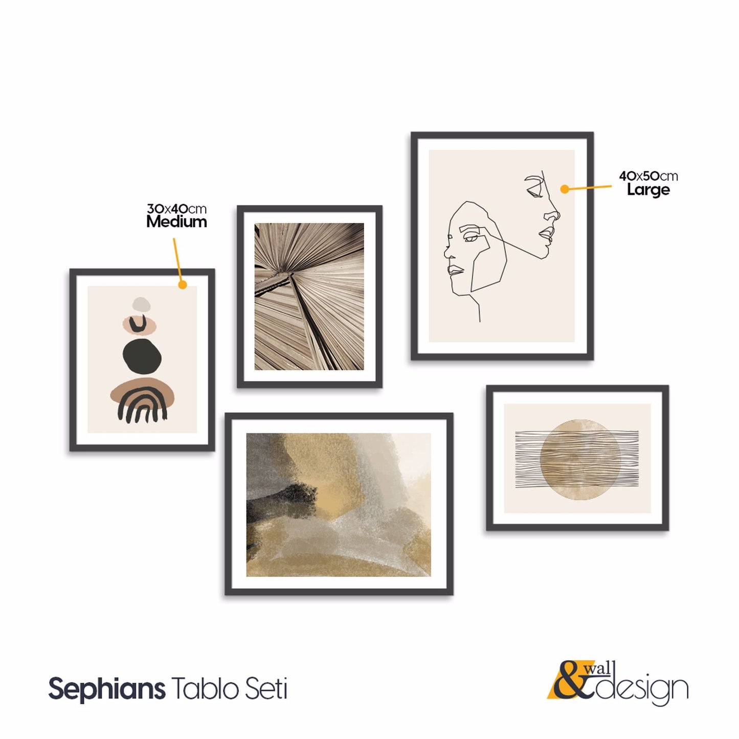 Sephians - 5 Pieces Neutral Wall Art Set Wooden FRAMED