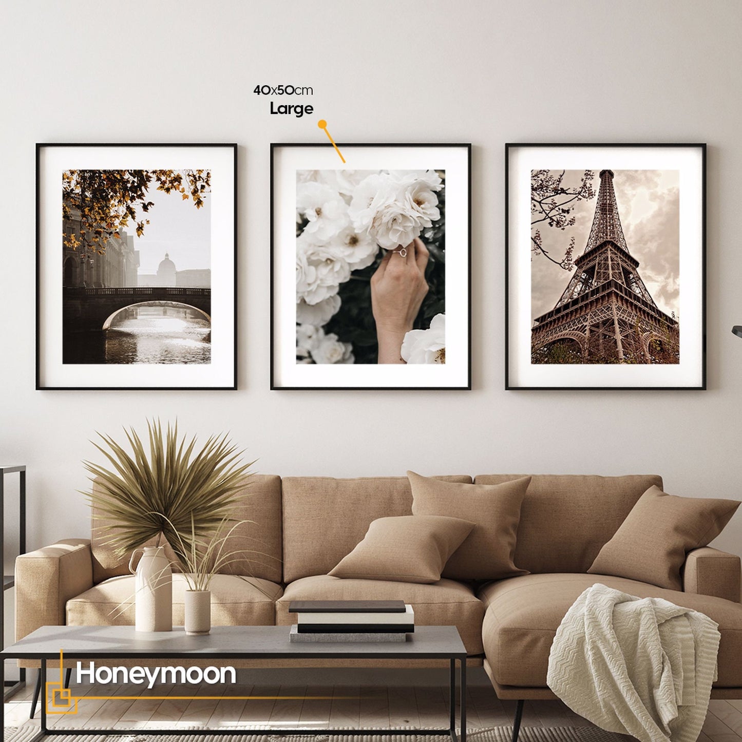 Modern Cityscape Gallery Wall Art FRAMED Set of 3  Brown Large Wall Art Set Paris and Eiffel Wall Print Frame Set Framed Cityscape Prints