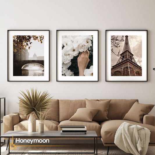 Modern Cityscape Gallery Wall Art FRAMED Set of 3  Brown Large Wall Art Set Paris and Eiffel Wall Print Frame Set Framed Cityscape Prints