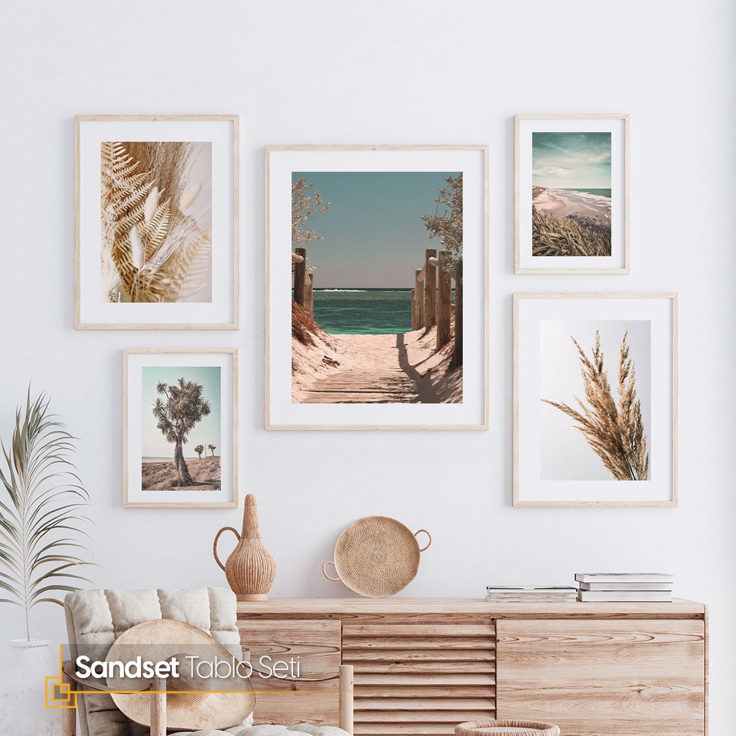 Neutral Ocean Gallery Wall Set of 5 FRAMED Coastal Landscape Print Collection Beach Pampas Framed Poster Modern Wall Decor Frame Set