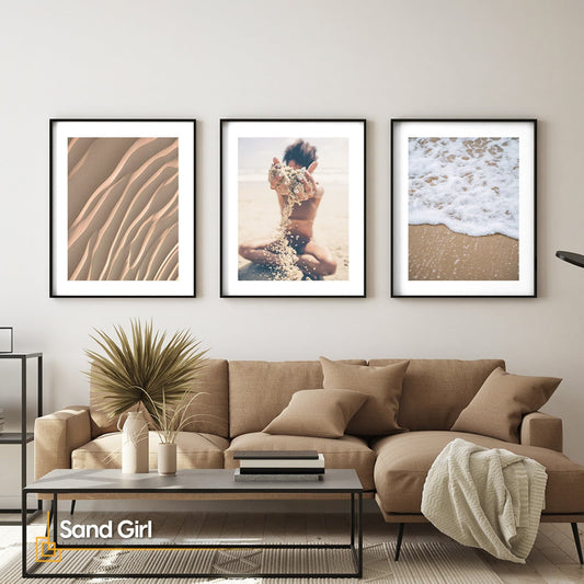 Modern Coastal Gallery Wall Art FRAMED Set of 3  Beige Sand Large Wall Art Set Ocean Wall Print Frame Set Framed Summer Art Print Set