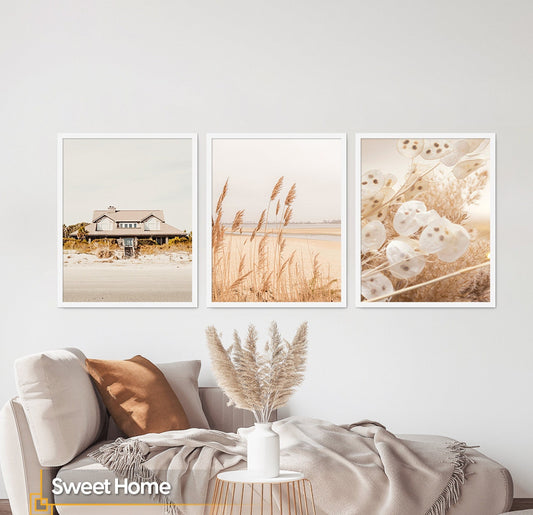 FRAMED Boho Print Art Set of 3 Coastal Pampas Grass Gallery Wall Decor Frame Wall Art Home Artwork Decoration for Living RoomBedroom