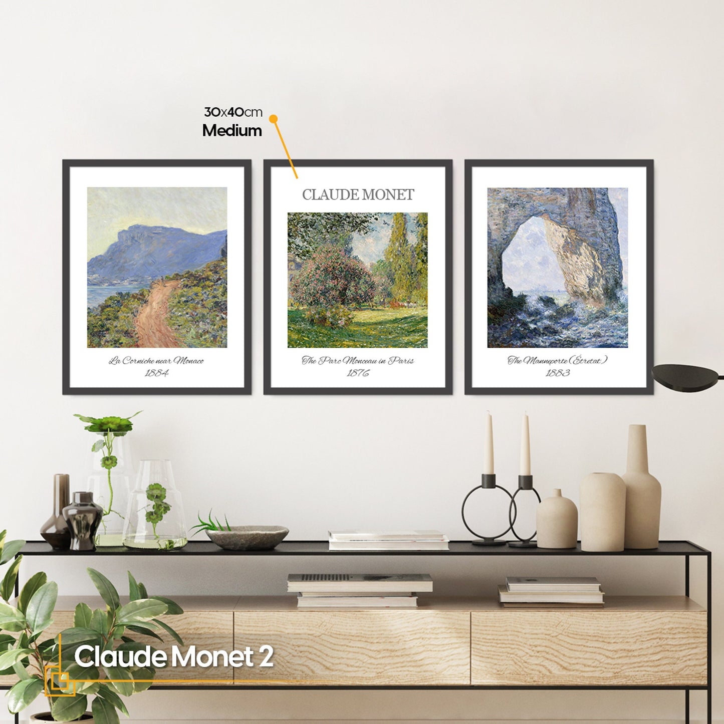 Claude Monet Print FRAMED Set of 3 Modern Coastal Print Framed Museum Poster Monet Exhibition Poster Monet Paintings Landscape Wall Art