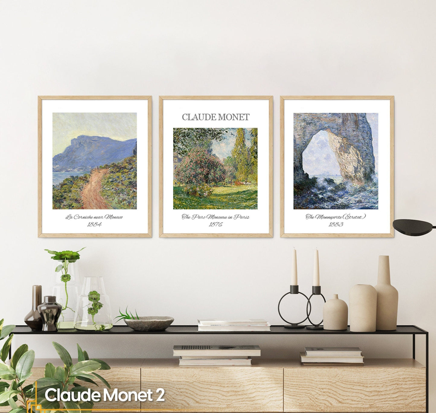 Claude Monet Print FRAMED Set of 3 Modern Coastal Print Framed Museum Poster Monet Exhibition Poster Monet Paintings Landscape Wall Art