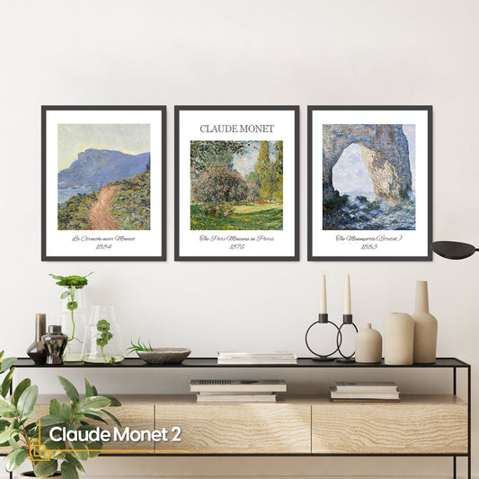 Claude Monet Print FRAMED Set of 3 Modern Coastal Print Framed Museum Poster Monet Exhibition Poster Monet Paintings Landscape Wall Art