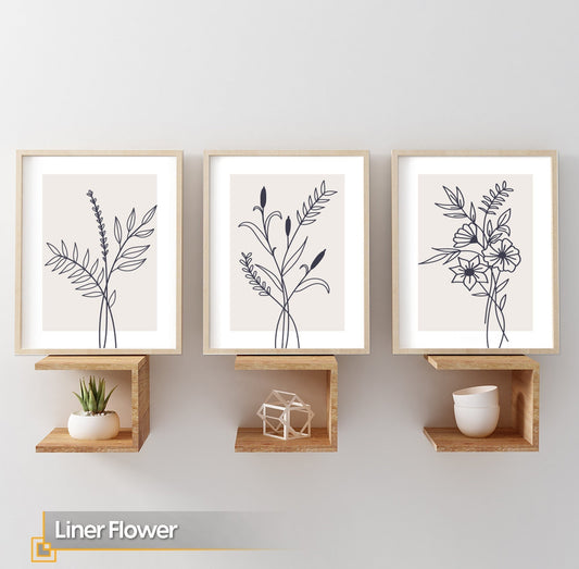 Liner Flower - Flower Line Art Set FRAMED Print Set of 3 Pieces