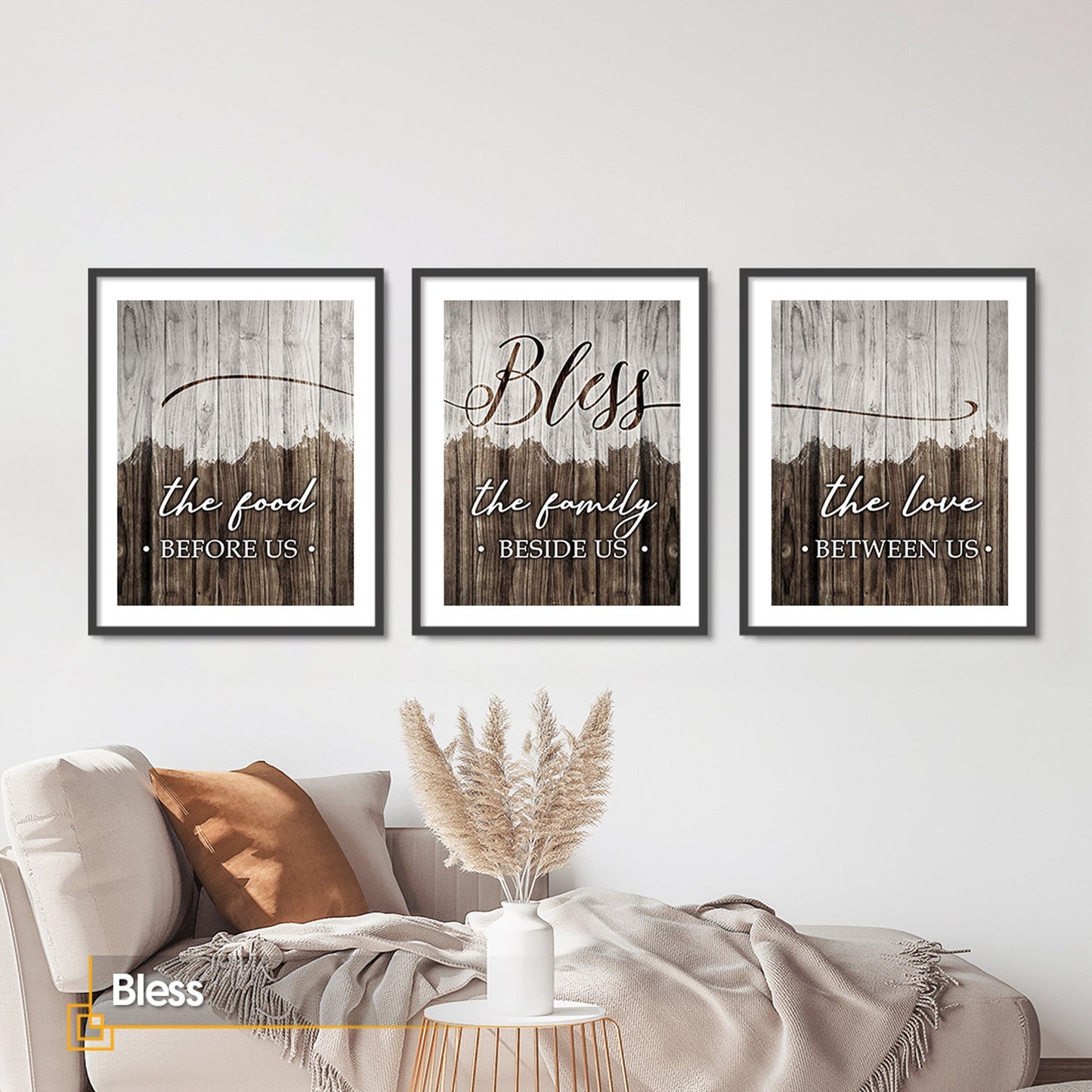 Bless FRAMED Print Set of 3 Rustic Wall Art Gallery Wall Set Framed Wall Art Home Artwork Decoration for Living RoomBedroom