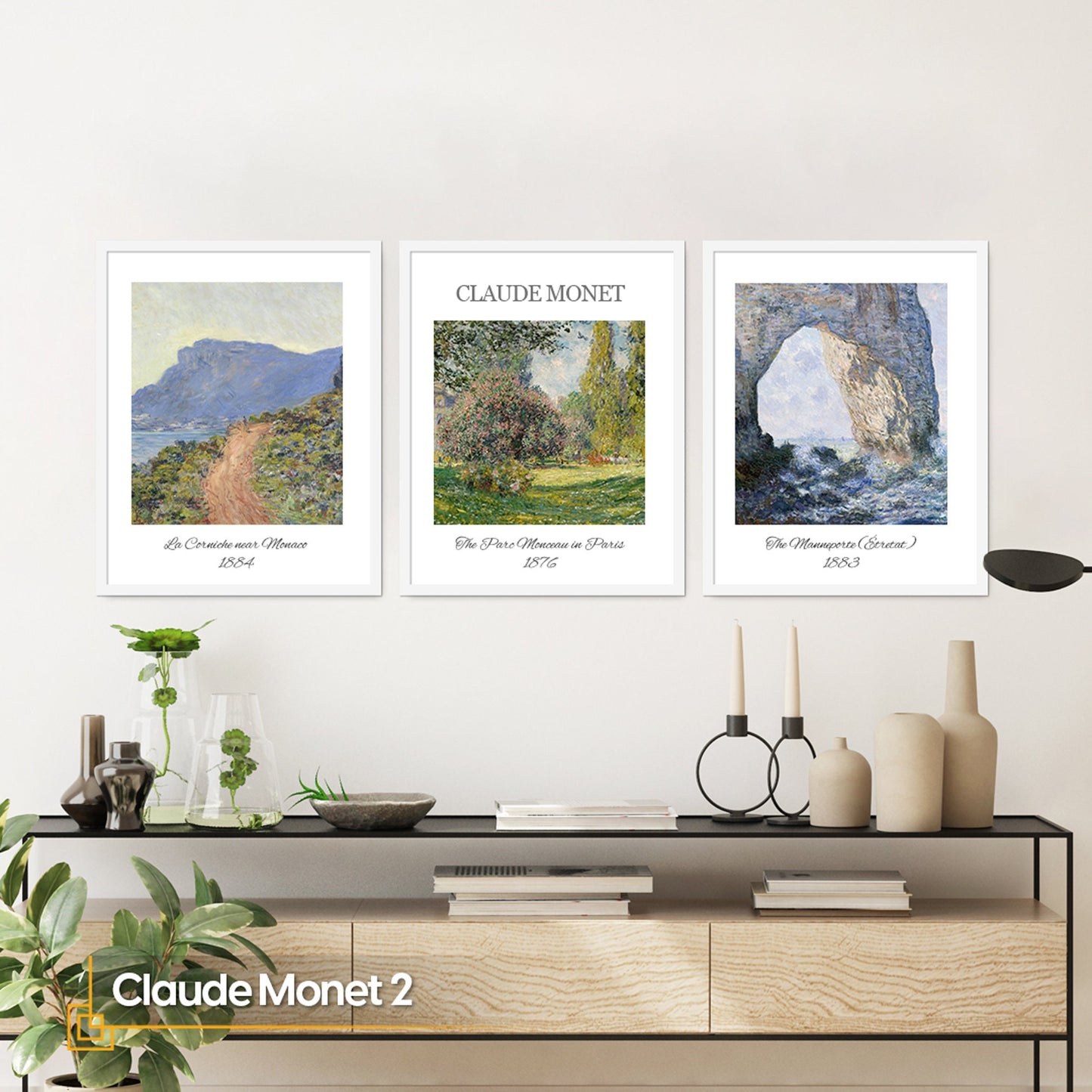 Claude Monet Print FRAMED Set of 3 Modern Coastal Print Framed Museum Poster Monet Exhibition Poster Monet Paintings Landscape Wall Art