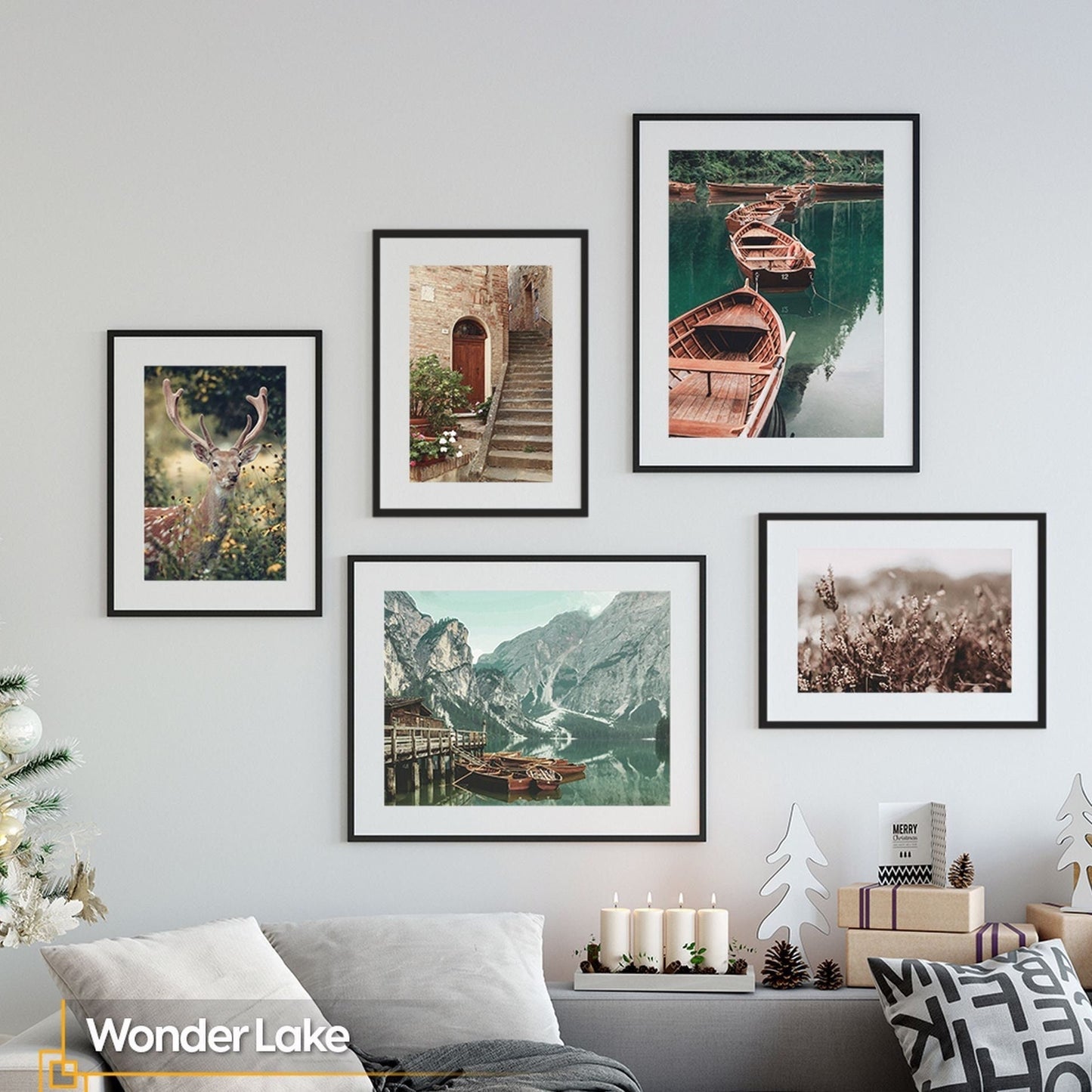 Neutral Landscape Gallery Wall Set of 5 FRAMED Modern Scenery Print set Frame Lake Mountain View Framed Poster Modern Wall Decor Frame