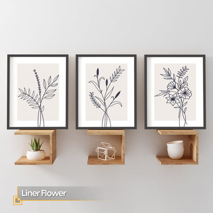 Liner Flower - Flower Line Art Set FRAMED Print Set of 3 Pieces