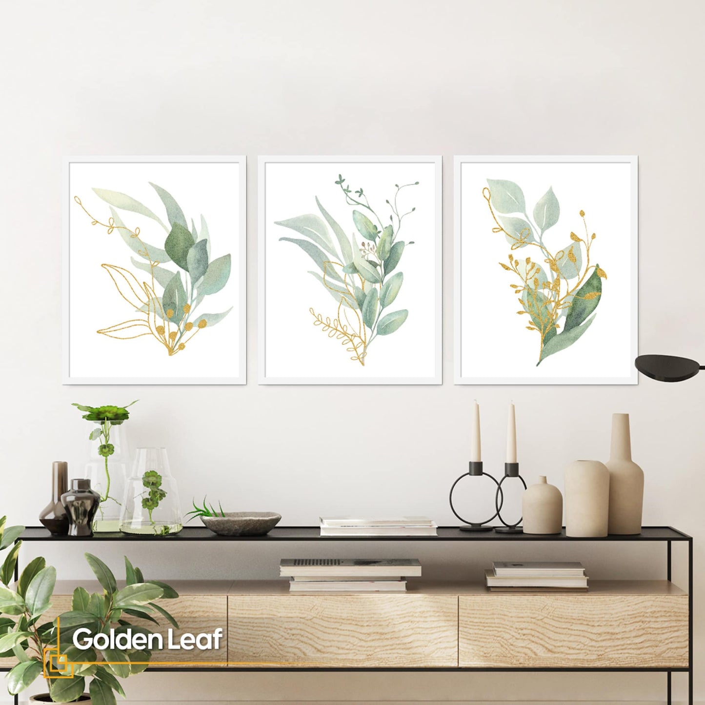 Golden Leaf - Green Leaf Watercolor Leaves Print Set of 3 FRAMED