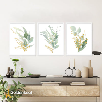 Golden Leaf - Green Leaf Watercolor Leaves Print Set of 3 FRAMED