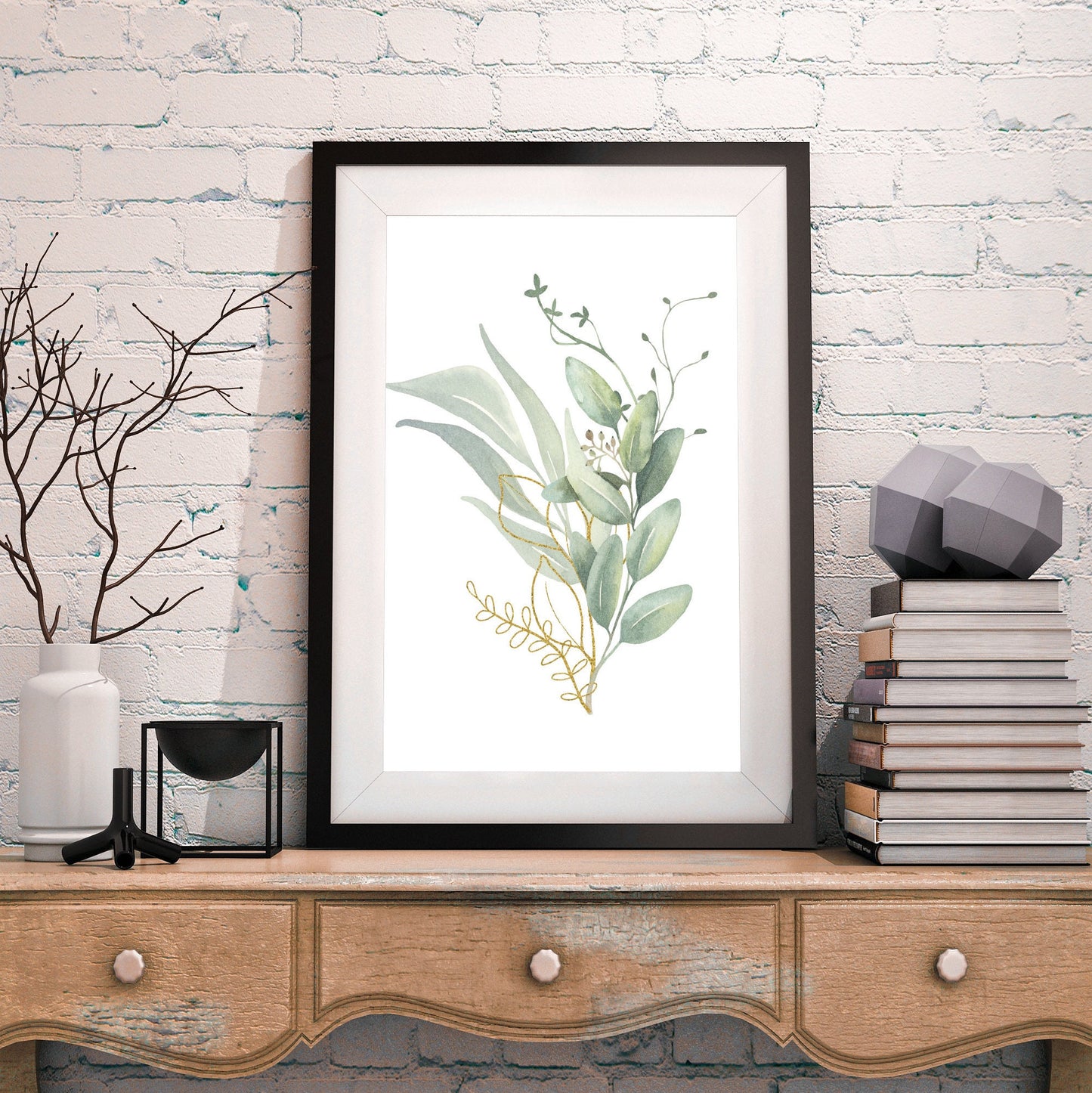 Golden Leaf - Green Leaf Watercolor Leaves Print Set of 3 FRAMED
