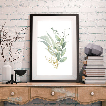 Golden Leaf - Green Leaf Watercolor Leaves Print Set of 3 FRAMED