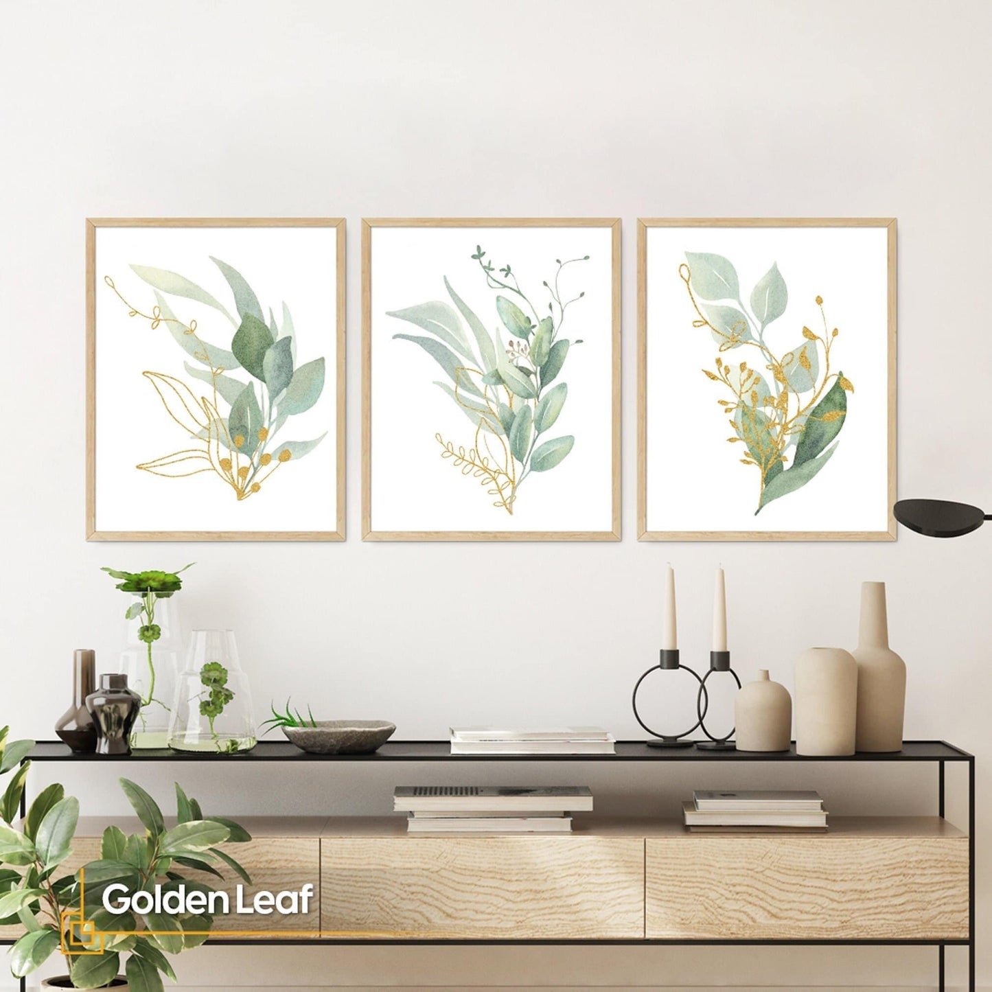 Golden Leaf - Green Leaf Watercolor Leaves Print Set of 3 FRAMED