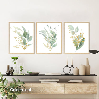 Golden Leaf - Green Leaf Watercolor Leaves Print Set of 3 FRAMED